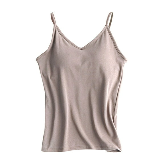 WTXUE Tank Tops Sleeveless, Scoop Neck Cotton Spaghetti Straps Women's with Bra Pads Bra One Vest Camisole Top Solid | Casual for Women Khaki L