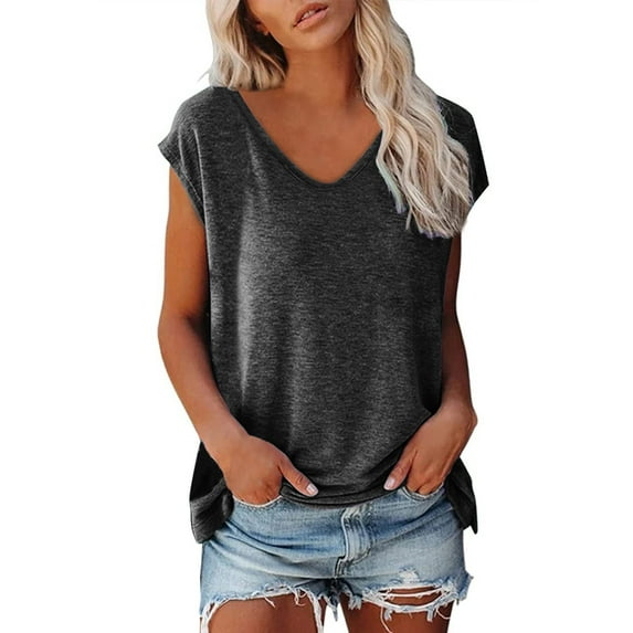 WTXUE Tank Tops Sleeveless, Scoop Neck Cotton Women Cap Sleeve Summer V-Neck Shirts Loose Blouse Solid Casual Tops for Women