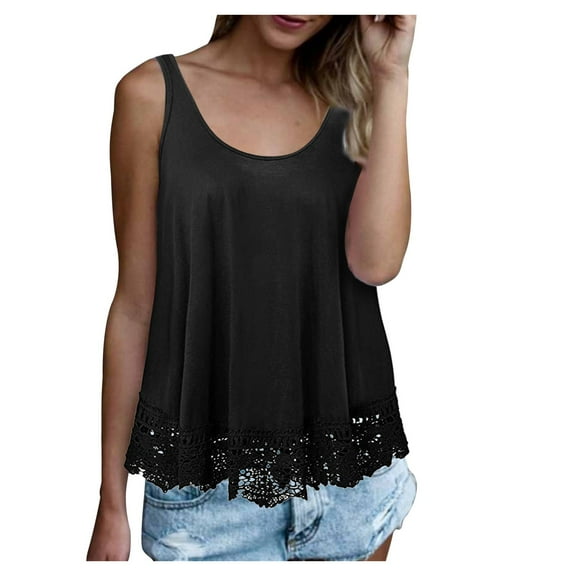 WTXUE Tank Tops Sleeveless, Scoop Neck Swing Cotton Top Flowy Loose Lace O-Neck Solid Tank Blouse Solid | Casual for Women's Plus Black L
