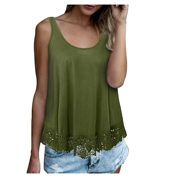 WTXUE Tank Tops Sleeveless, Scoop Neck Swing Cotton Top Flowy Loose Lace O-Neck Solid Tank Blouse Solid | Casual for Women's Plus Green S