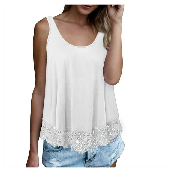 WTXUE Tank Tops Sleeveless, Scoop Neck Swing Cotton Top Flowy Loose Lace O-Neck Solid Tank Blouse Solid | Casual for Women's Plus White S