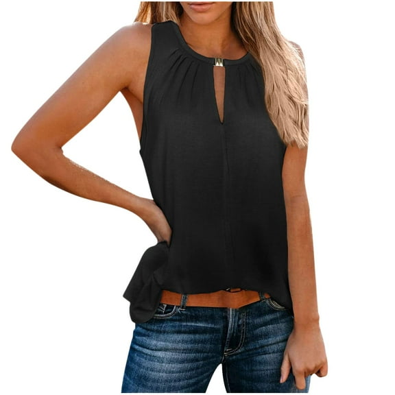 WTXUE Tank Tops Sleeveless, Scoop Neck Women's Keyhole V-Neck Tank Summer Loose Flowy Blouses Solid Casual Tops for Women Black XL