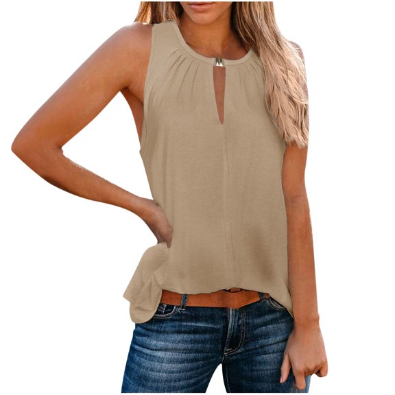 WTXUE Tank Tops Sleeveless, Scoop Neck Women's Keyhole V-Neck Tank Summer Loose Flowy Blouses Solid Casual Tops for Women Khaki XXL