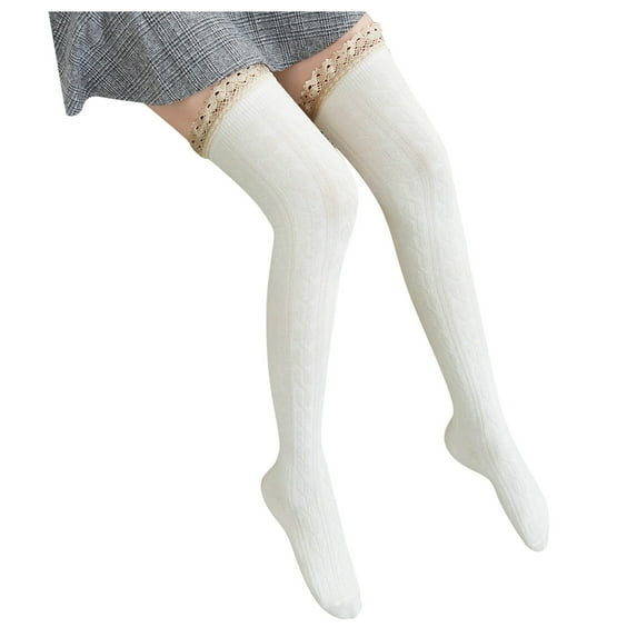 WTXUE Thigh High Stockings, Knit Solid High Women's Splice Lace Socks Stocking Stocks Long Socks, 4# White