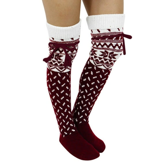 WTXUE Thigh High Stockings, Knit Thigh Knee High Socks Long Christmas Stockings Warm Women Over Socks, 2# Winered