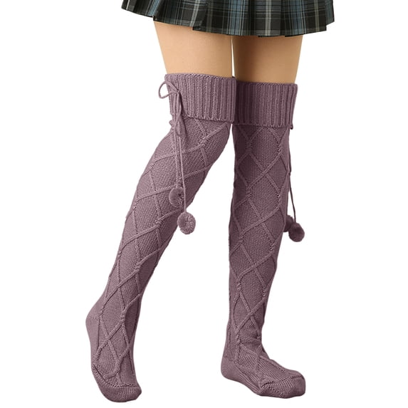WTXUE Thigh High Stockings, Slouchy Socks, Women Simple Fashion Solid Color Knit Tall Socks Wool Ball Texture Long Tube Pile Socks, 2# Purple