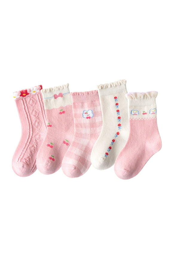 Toddler Socks, Warm Socks, Girls Socks Autumn and Winter Fresh Cartoon Cute Pink Bubble Rabbit Thickened Warm Comfortable, 5-Pack, 2# Pink, XL