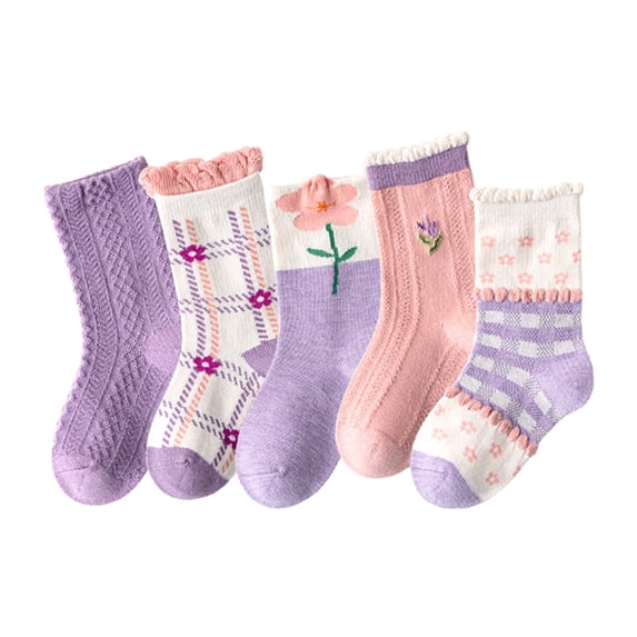 WTXUE Toddler Socks, Warm Socks, Girls Socks Autumn and Winter Fresh Cartoon Cute Purple Floret Thickened Warm Comfortable, 5-Pack, 4# Purple, S