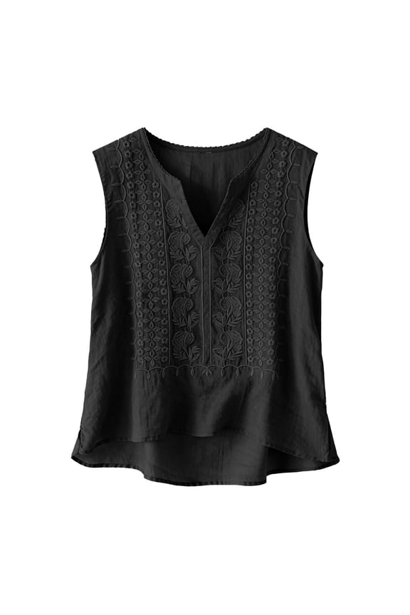 Trendy Retro Embroidered Sleeveless Shirts Cotton Linen Boho Tank Tops V Neck Casual Office Work Shirt V Neck Sleeveless Blouse Tops Dressy Blouses Casual Loose Fit Fashion Shirt Black Xl