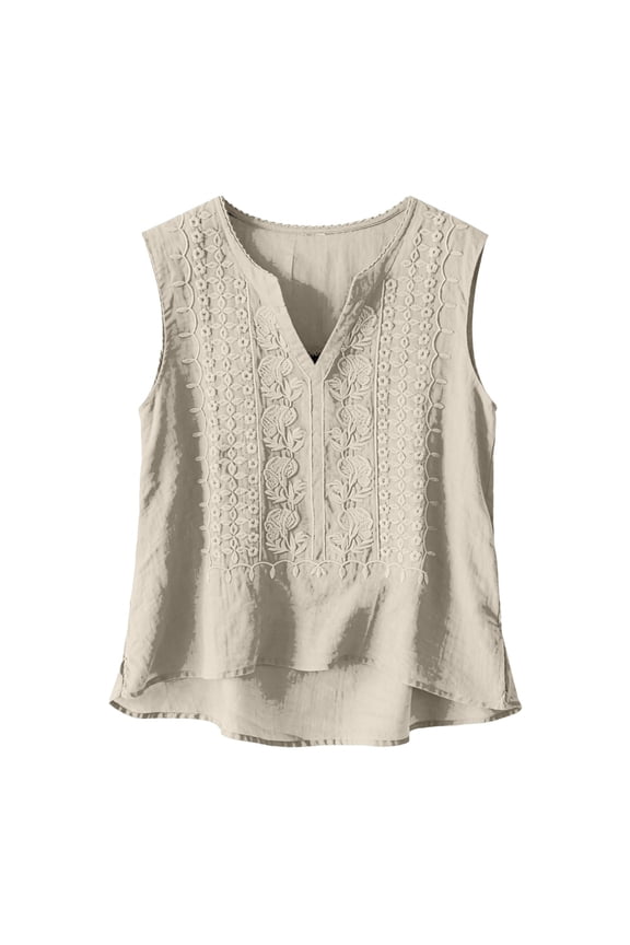 Trendy Retro Embroidered Sleeveless Shirts Cotton Linen Boho Tank Tops V Neck Gauze Peasant Summer Blouse Lightweight Breathable Gauze Tops Dressy Casual Beach Vacation Blouses Beige L