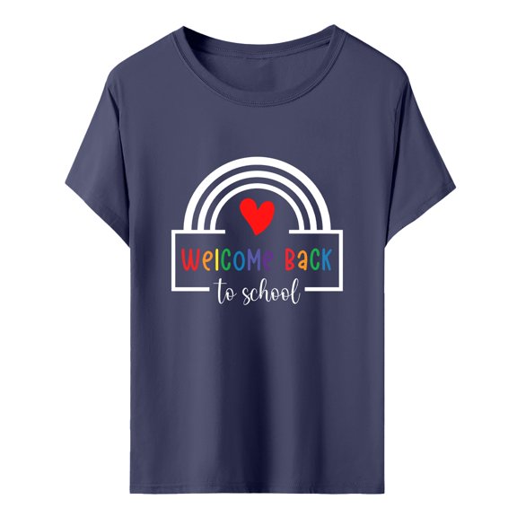 WTXUE Tshirts Shirts for Women Short Sleeve Shirts Casual Tunic Tops Letter Printed Plus Size Women Blouses Peasant Blouses Beach Tops Fashion Blouses Large Shirts Navy S