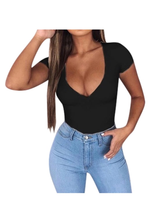 Tube Tops Going Out Tops V-Neck Top Short Sleeve Solid T-Shirt Slim Blouse Office Tops Blouses for Women Casual Modest Blouses Black Xxl