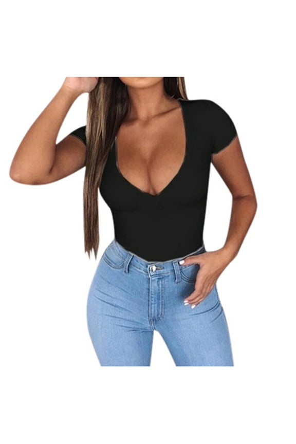 Tube Tops Going Out Tops V-Neck Top Short Sleeve Solid T-Shirt Slim Blouse Office Tops Blouses for Women Casual Modest Blouses Black Xxl