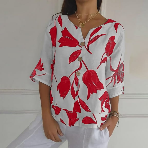 WTXUE Tunic Top Button Down Shirts Cotton Linen Blouses V Neck 3/4 Length Sleeve Womens Floral Tops Pretty Blouses Wrinkle Free Blouses Vacation Tops Lightweight Shirts Casual Blouses Red S