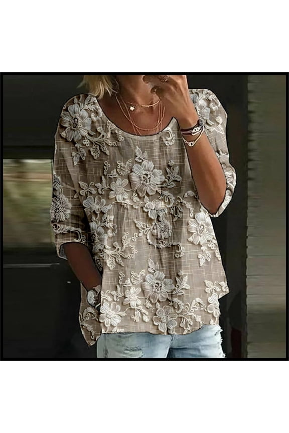 Tunic Top Flowy Tops Floral Print T Shirt Round Neck Shirt 3/4 Sleeved Blouses Casual Tops Fitted Tops Cooling Shirts Dressy Shirts Big Shirts Elegant Tops Khaki S