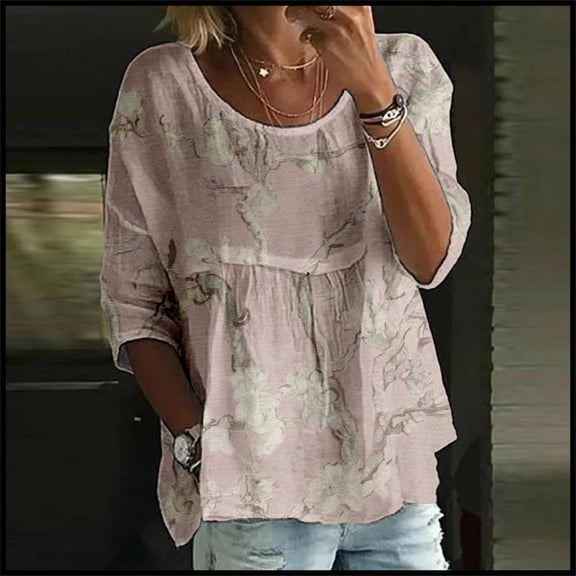WTXUE Tunic Top Flowy Tops Floral Print T Shirt Round Neck Shirt 3/4 Sleeved Blouses Modest Blouses Cooling Shirts Cotton Blouses Cotton Shirts Classy Tops Workout Tops Pink L