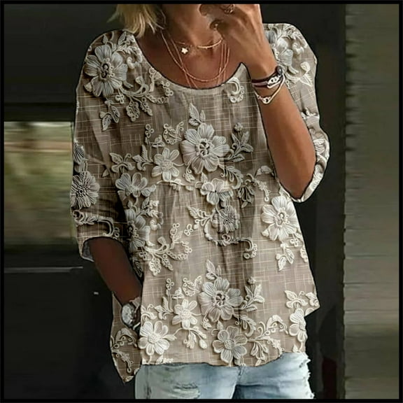 WTXUE Tunic Top Flowy Tops Floral Print T Shirt Round Neck Shirt 3/4 Sleeved Blouses Thin Shirts Cotton Blouses Basic Tees Elegant Tops Modest Blouses Cooling Shirts Khaki 3Xl