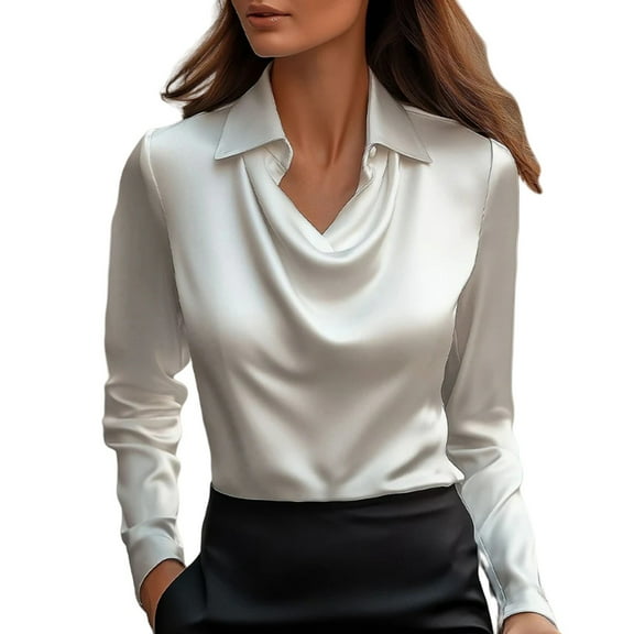 WTXUE Tunic Tops Blouses for Women Dressy Casual Elegant Cowl Neck Satin Blouse Long Sleeve Work Shirt Silk Tops Peasant Blouses Collared Shirts Wrinkle Free Blouses Slim Fitted Tops White Xl