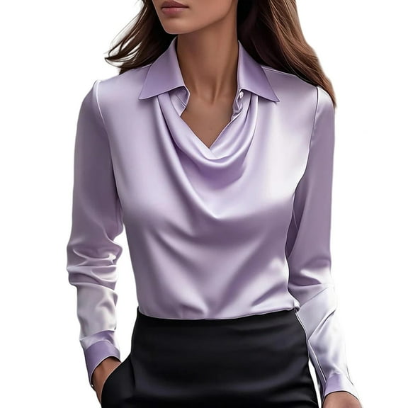 WTXUE Tunic Tops Blouses for Women Dressy Casual Elegant Cowl Neck Satin Blouse Long Sleeve Work Shirt Silk Tops Peasant Blouses Collared Shirts Wrinkle Free Blouses Slim Fitted Tops Purple L
