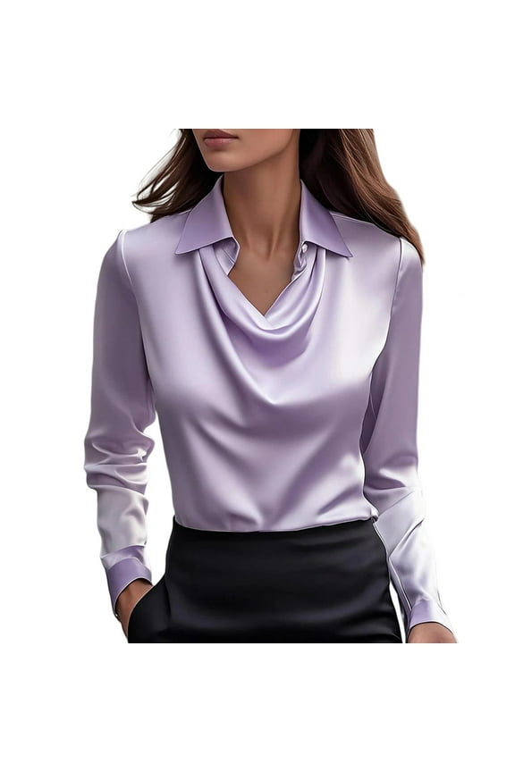 Tunic Tops Blouses for Women Dressy Casual Elegant Cowl Neck Satin Blouse Long Sleeve Work Shirt Silk Tops Peasant Blouses Collared Shirts Wrinkle Free Blouses Slim Fitted Tops Purple L
