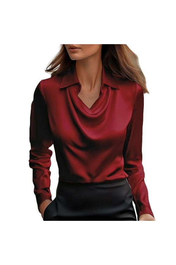 Tunic Tops Blouses for Women Dressy Casual Elegant Cowl Neck Satin Blouse Long Sleeve Work Shirt Silk Tops Peasant Blouses Collared Shirts Wrinkle Free Blouses Slim Fitted Tops Red M