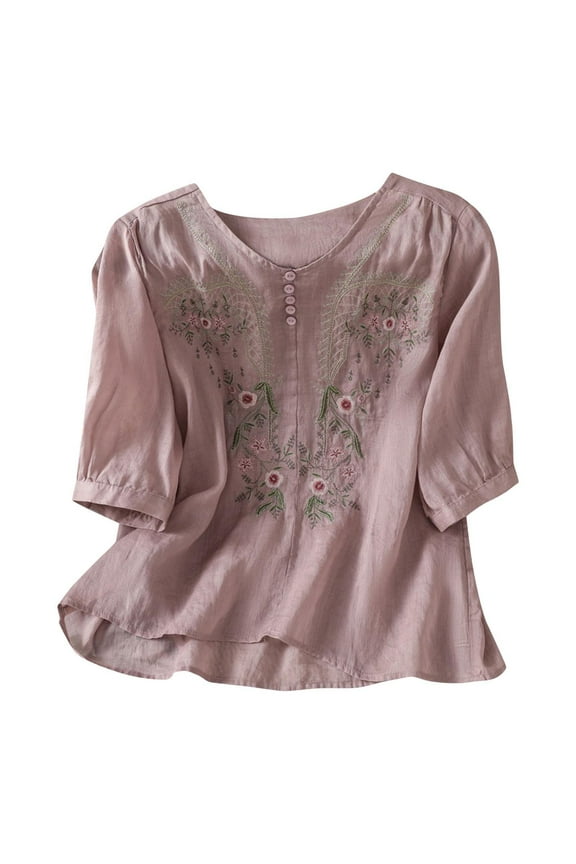 Tunic Tops Button Down Blouses Embroidered Tops Cotton Linen Shirts Ethnic Style 3/4 Sleeve Blouses V Neck Floral Tops Comfortable Tops Retro Tops Wrinkle Free Blouses Purple 3Xl