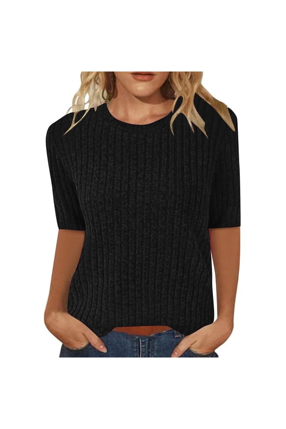 Tunic Tops Elbow Sleeve Tops Ribbed Crewneck Sweaters Soft Sweater Shirt Trendy Casual Pullover Blouses for Women Dressy Casual Beach Tops Loose Tops Summer Womens Tops Loose Fit Black Xxl