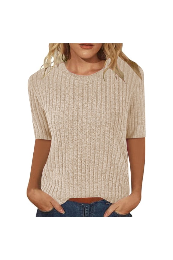 Tunic Tops Elbow Sleeve Tops Ribbed Crewneck Sweaters Soft Sweater Shirt Trendy Casual Pullover Blouses for Women Dressy Casual Casual Summer Tops Lightweight Summer Tops Casual Tops Beige S