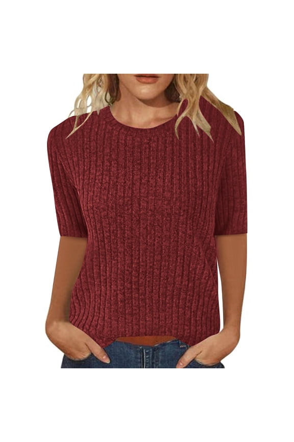 Tunic Tops Elbow Sleeve Tops Ribbed Crewneck Sweaters Soft Sweater Shirt Trendy Casual Pullover Blouses for Women Dressy Casual Plus Size Tops Breathable Shirts Womens Shirts Wine S