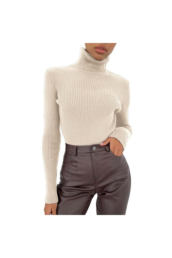 Undershirts Long Sleeve, Funnel Neck Shirts for Women Soft Sweater Slim Lightweight Turtleneck Crochet Tops Solid, for Curvy Women | Casual for Women Beige One Size