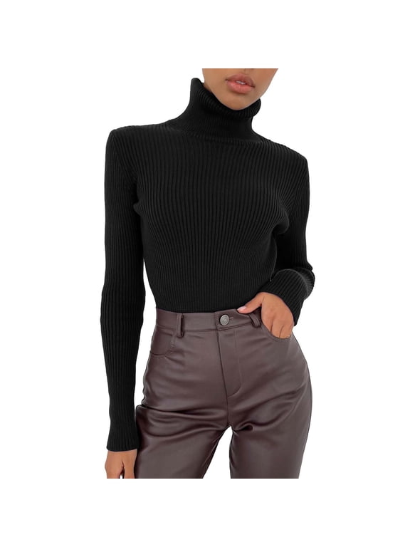 Undershirts Long Sleeve, Funnel Neck Shirts for Women Soft Sweater Slim Lightweight Turtleneck Crochet Tops Solid, for Curvy Women | Casual for Women Black One Size