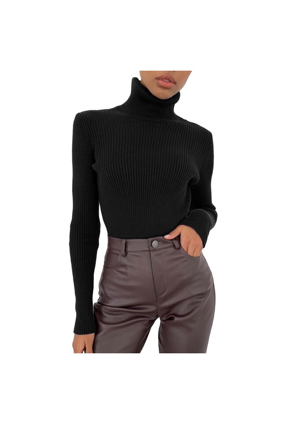 Undershirts Long Sleeve, Funnel Neck Shirts for Women Soft Sweater Slim Lightweight Turtleneck Crochet Tops Solid, for Curvy Women | Casual for Women Black One Size
