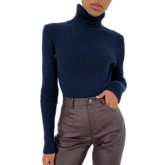 WTXUE Undershirts Long Sleeve, Funnel Neck Shirts for Women Soft Sweater Slim Lightweight Turtleneck Crochet Tops Solid, for Curvy Women | Casual for Women Navy One Size