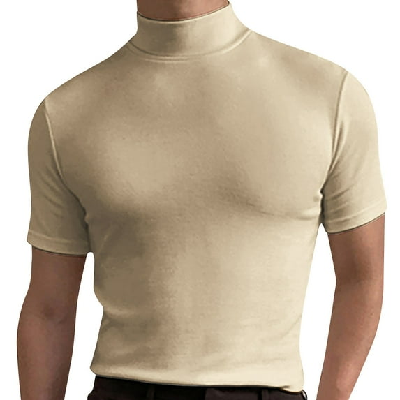 WTXUE Undershirts Short Sleeve, Mock Neck Shirts for Men Mock Turtleneck T Shirts Pullover Basic Designed Undershirt Slim Top Cotton Solid | Casual for Men Beige 3XL