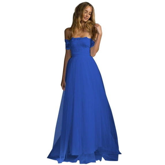 WTXUE Uniform Dresses, Evening Gown Sleeveless Vestidos Casuales Para Mujer Crew Neck, Ladies Color Lace Strappy Dress Solid Maxi Tulle Skirts Cold Shoulder Women, Blue Size S