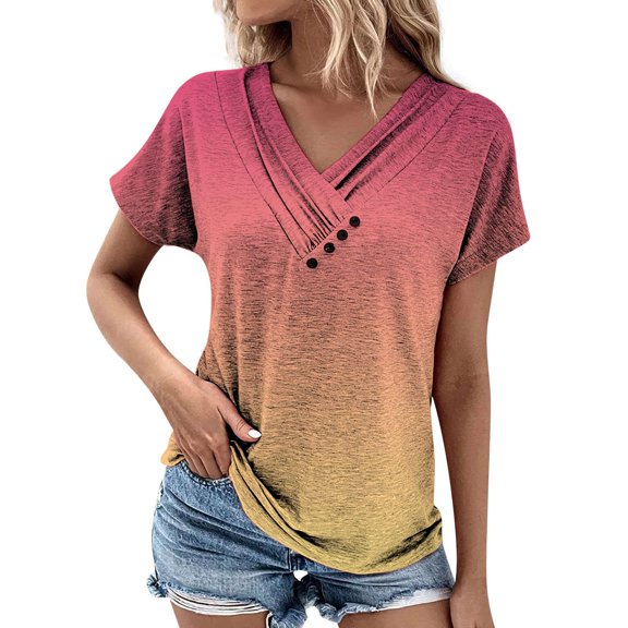 WTXUE V Neck Blouse Tunic Top Plus Size Tops Casual Loose Fit T Shirt Button Up Blouse Business Casual Tops Womens Fashion Tops Simple Tops Hot Pink M