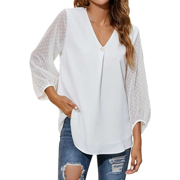 WTXUE V Neck Blouse Tunic Tops Long Sleeve Blouse Casual Tops Loose Work Business Floral Shirts Puff Sleeve Soft T Shirts Plus Size Blouses Spring Shirts White Xxl