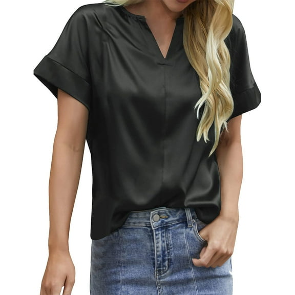 WTXUE V Neck Blouse Tunic Tops Solid Color Satin Blouses for Women Dressy Casual Short Sleeve Shirts Solid Color Blouses Womens Loose Tops Flowy Blouses Black M
