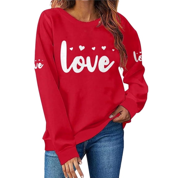 WTXUE Valentine Crewneck Pullover for Women Fashion Casual Round Neck Long Sleeved Valentine's Day Love Heart Printed Hoodless Sweatshirt Loose Tunic Sweatshirts White Xl
