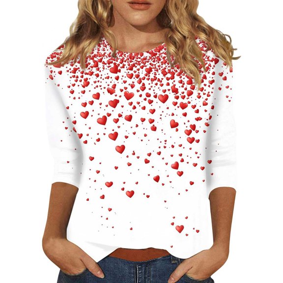 WTXUE Valentine Heart Shirt Love Heart Graphic Tee 3/4 Sleeve Basic Tees Tunic Shirts Loose Shirts Loose Tops for Summer Casual Blouses Comfy Shirts Loose Shirts White Xl