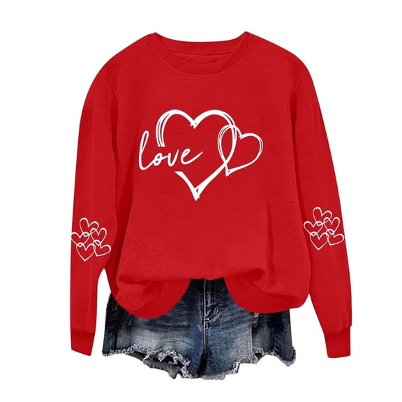 WTXUE Valentine’S Day Shirt Love Heart Graphic Print Crewneck Long Sleeve Shirts Pullover Sweatshirt Basic Sweatshirts Cute Sweatshirts Trendy Pullover Valentines Day Outfit White M