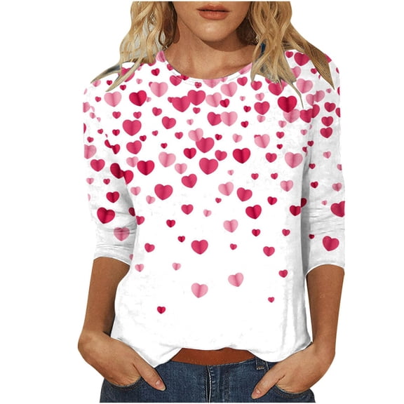 WTXUE Valentine Shirts Love Heart Printed Graphic Tee 3/4 Sleeve Loose Fit Tee Shirts Cute Blouses Tshirts Graphic Shirts Loose Tops for Summer Loose Fitting Tops Hot Pink M