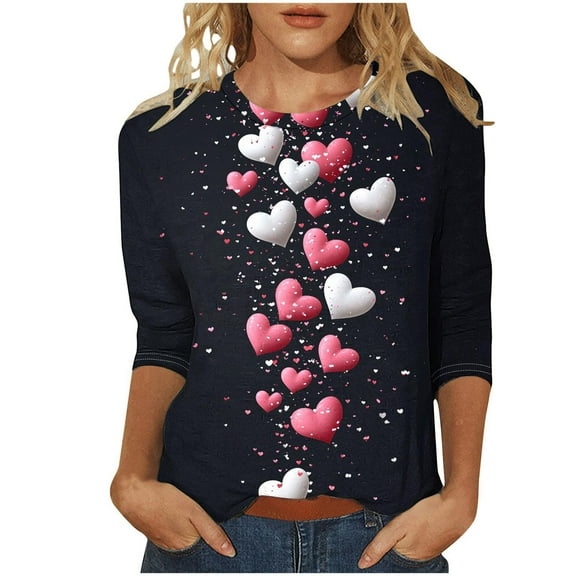 WTXUE Valentine Tee Love Heart Graphic Tee 3/4 Sleeve Loose Tops for Summer Tunic Tops Soft T Shirts Tunic Shirts Basic Tees Casual Blouses Basic Shirts Black Xl