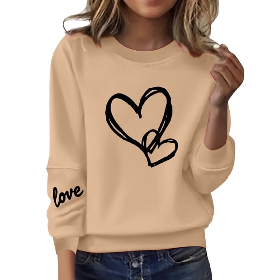 WTXUE Valentine's Day Sweatshirt Love Heart Graphic Print Long Sleeve Crewneck Shirts Womens Graphic Sweatshirts Casual Sweatshirts Comfy Sweatshirts Cute Sweatshirts Valentines Day Outfit Beige Xl