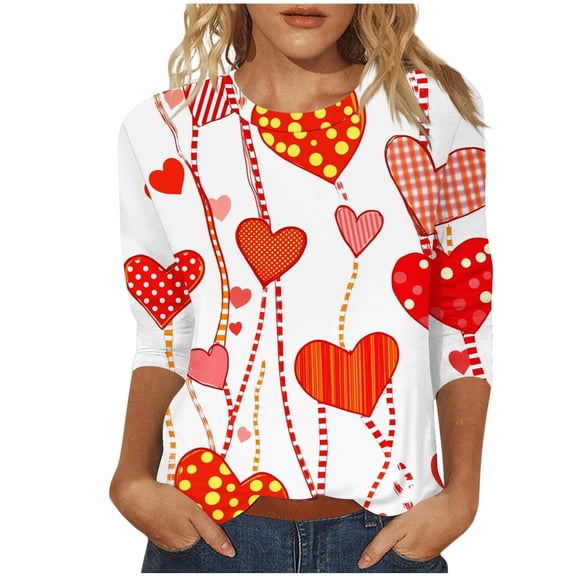 WTXUE Valentine's Day Tops Love Heart Printed Graphic Tee 3/4 Sleeve Cute Blouses Basic Tops Vacation Tops Tunic Shirts Loose Summer Tops Basic Shirts Workout Shirts White S