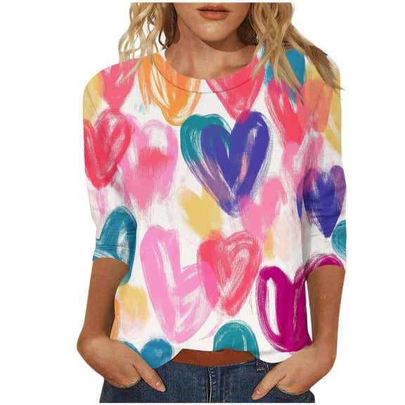 WTXUE Valentine's Day Tops Women Love Heart Graphic Tee 3/4 Sleeve Loose Shirts Plus Size Shirts Casual Tops Lightweight Shirts Basic Tee Shirts Cute Blouses Cute Tops Hot Pink M