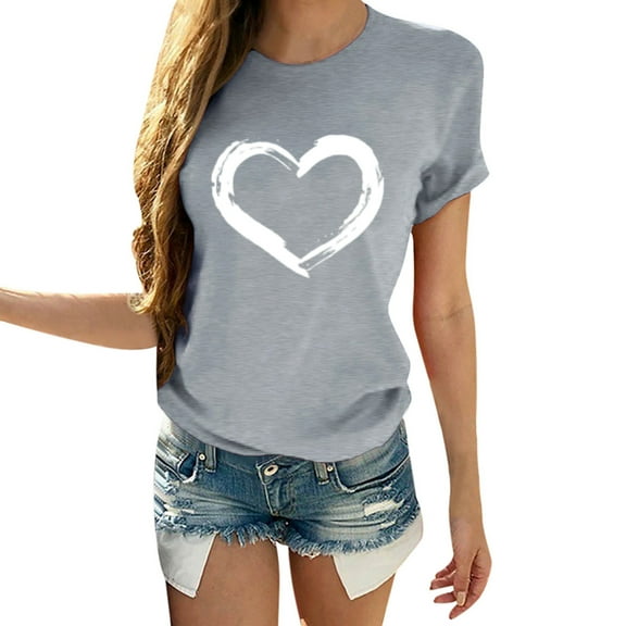 WTXUE Valentine's Shirts Heart Printed Shirts Graphic Tees Short Sleeve Casual Tops Loose Fitting Tops Fitted Tops Tunic Shirts Plus Size Blouses Fashion Tops Work Tops Grey Xl