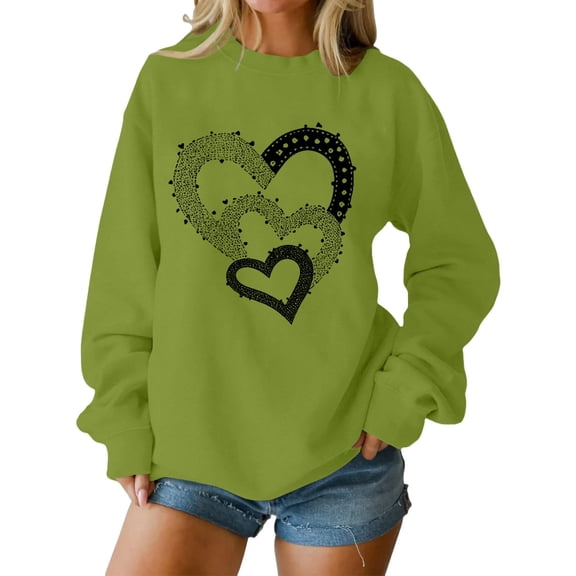 WTXUE Valentine's Sweatshirt Oversized Love Heart Tee Shirt Pullover Plus Size Shirts Cute Graphic Valentines Day Sweatshirts Long Sleeve Crew Neck Holiday Tops Green Xxl