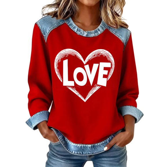WTXUE Valentines Day Shirts for Women Love Heart Graphic Print Long Sleeve Crewneck Pullover Shirts Womens Graphic Sweatshirts Soft Sweatshirts Plus Size Sweatshirts Pullover Tops Hot Pink Xl