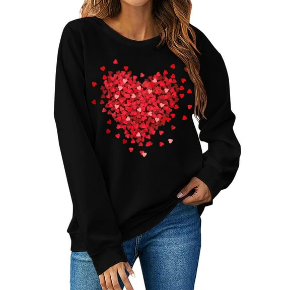 WTXUE Valentines Day Sweatshirt Love Heart Graphic Print Long Sleeve Crewneck Shirts Loose Sweatshirts Basic Sweatshirts Fall Sweatshirt Womens Holiday Sweatshirts Valentines Day Outfit Black S